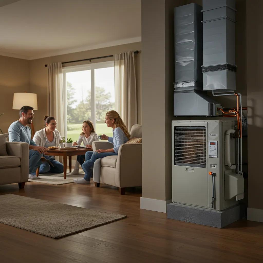 Family enjoying a safe and comfortable home environment with visible HVAC system