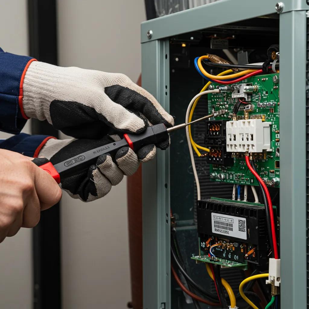 A technician carefully inspecting various components of an HVAC system