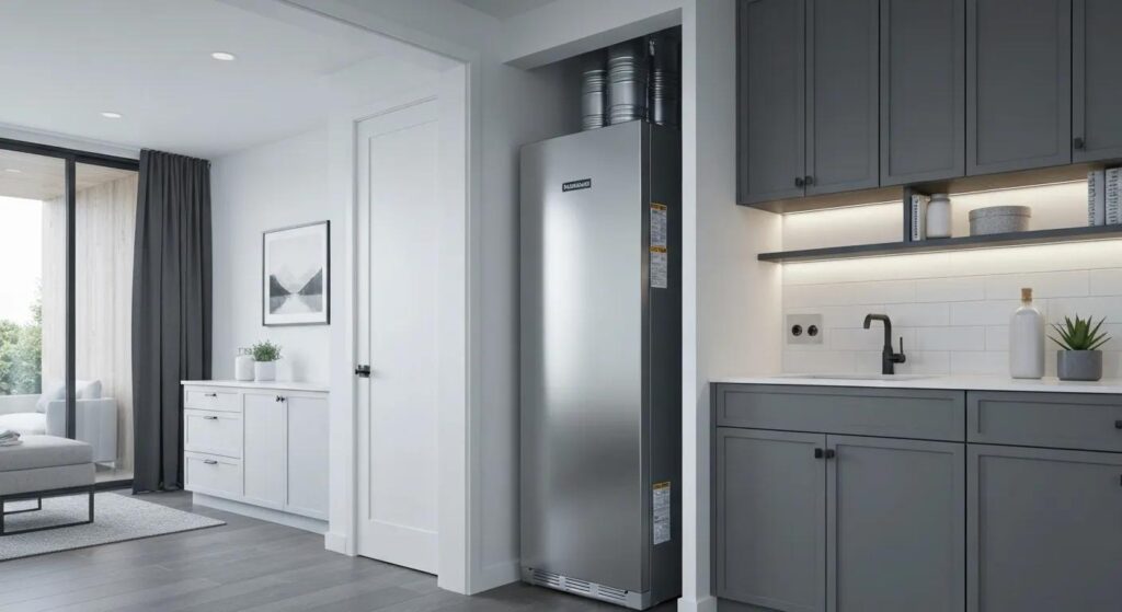 A modern high-efficiency furnace in a home — showing energy-saving technology and quieter operation