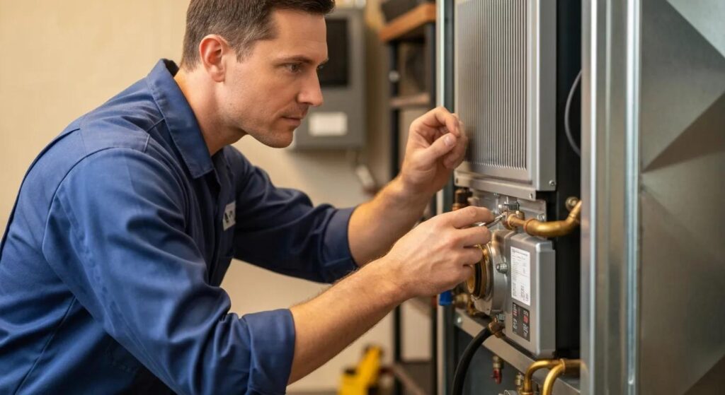 Technician inspecting a furnace — routine upkeep keeps systems running longer