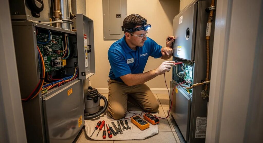 Technician completing a furnace tune‑up in a Coachella Valley home, focusing on safety checks and maintenance