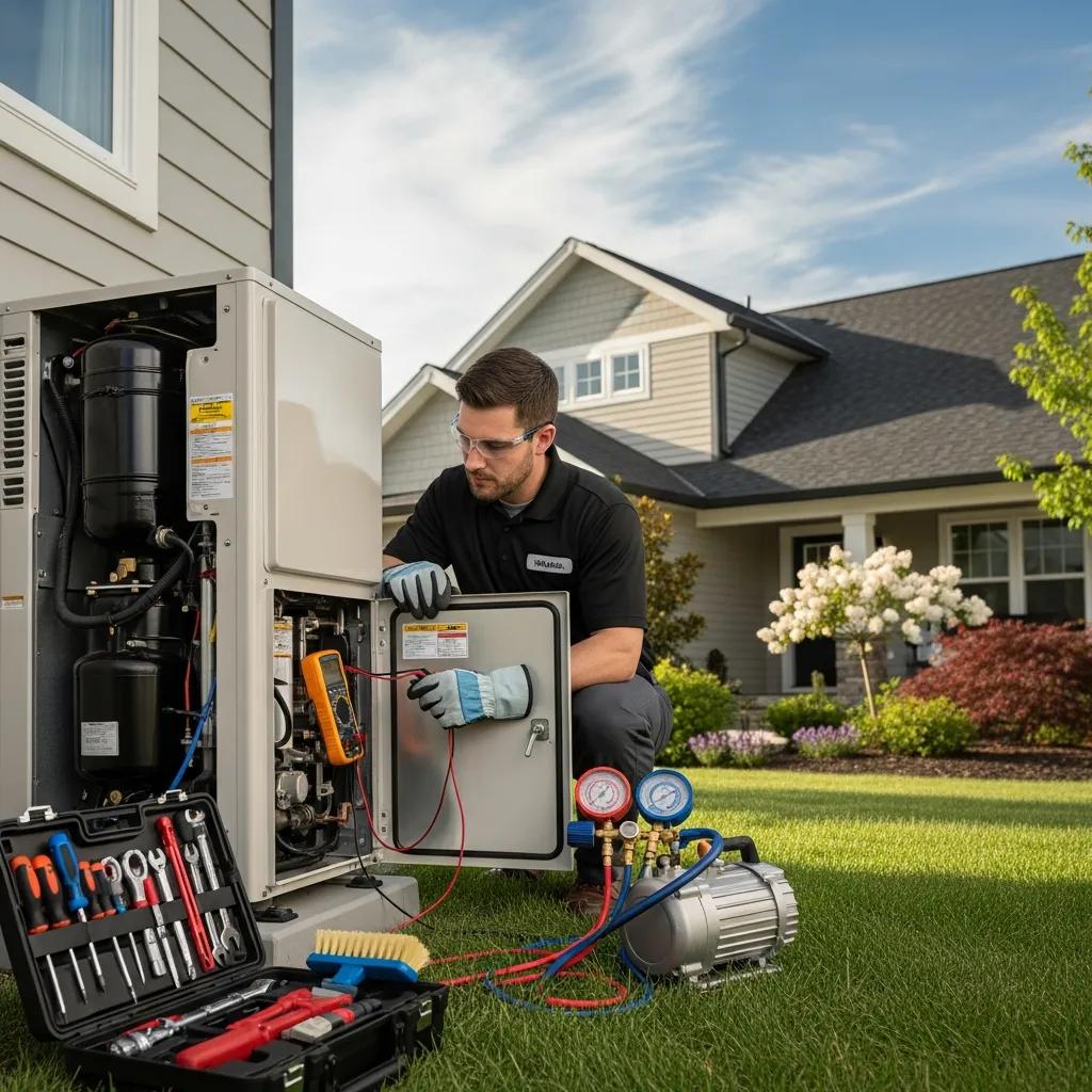 Technician performing heat pump maintenance in a residential setting
