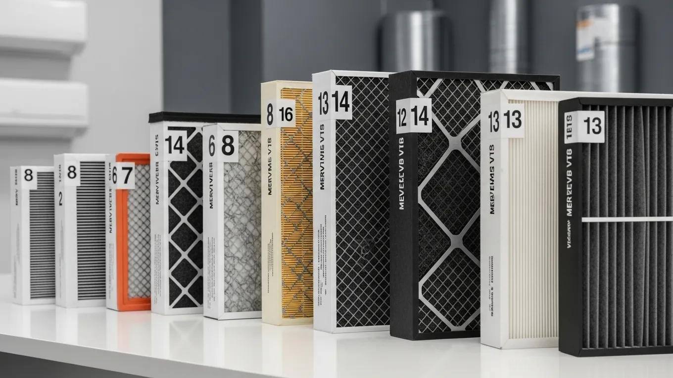 Guide to Choosing the Right HVAC Air Filter 3 Different HVAC air filters showcasing various MERV ratings for air quality improvement
