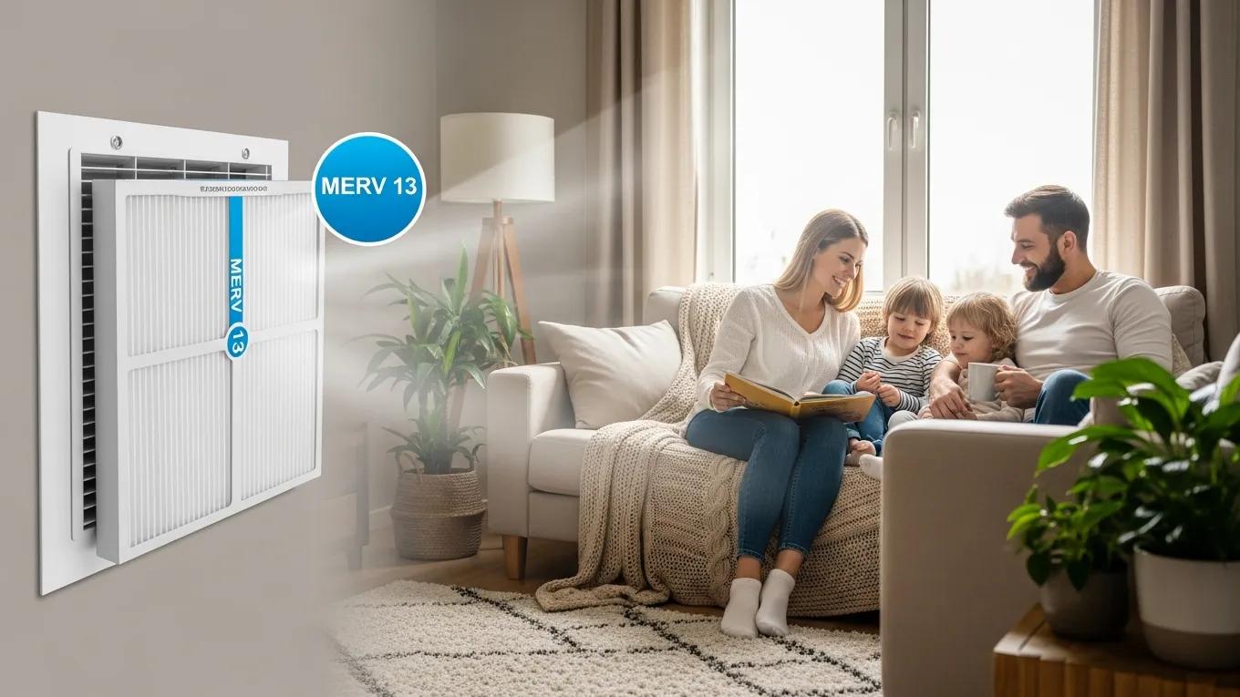 Family enjoying clean air in a cozy living room with an HVAC air filter in the background