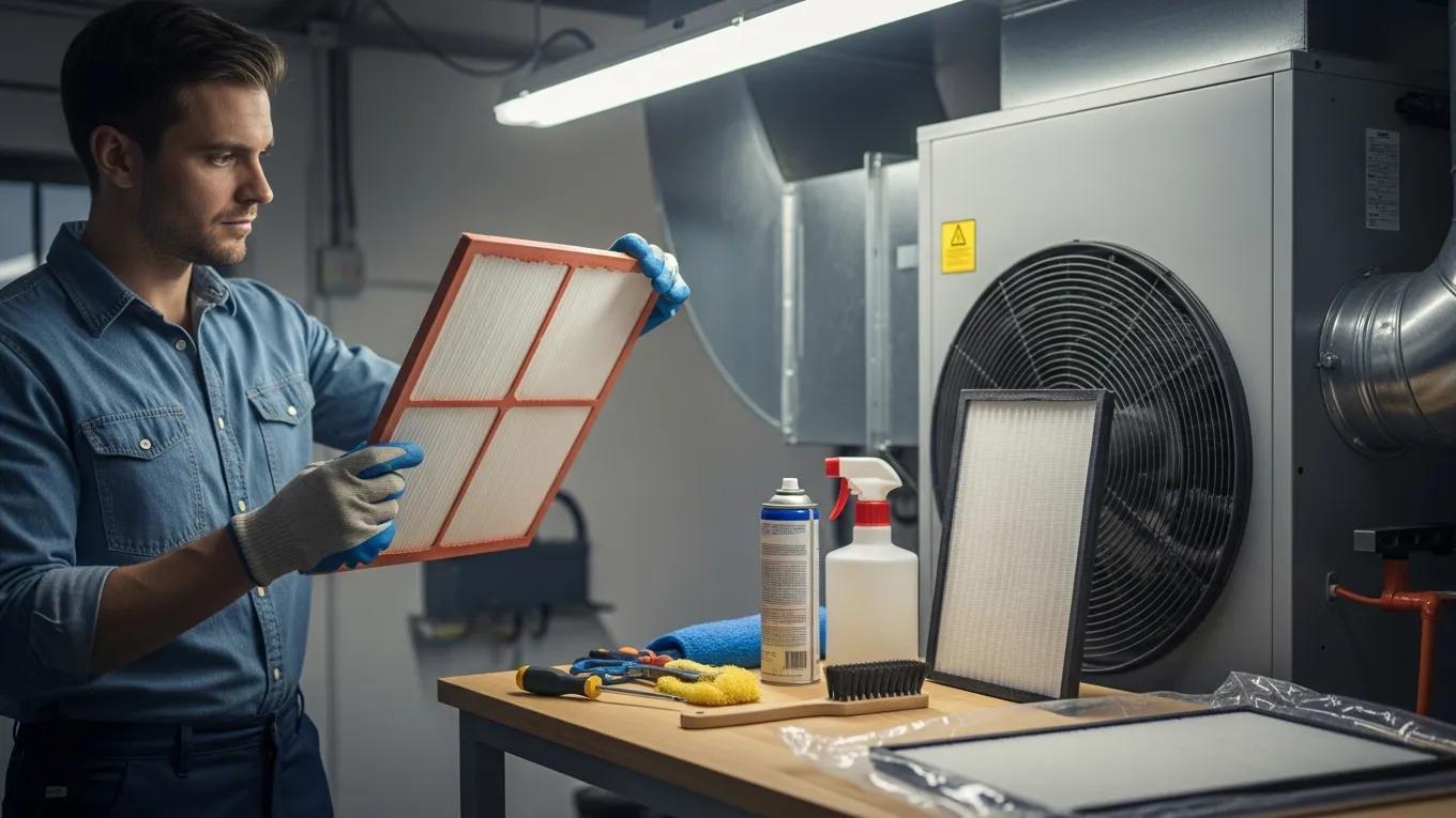 Guide to Choosing the Right HVAC Air Filter 4 Person inspecting an HVAC air filter with tools, emphasizing the importance of regular maintenance